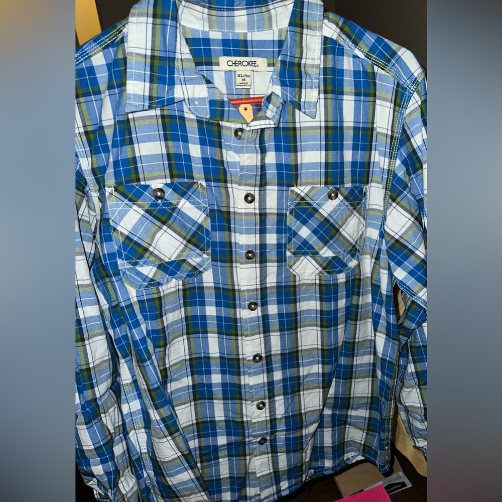 Boys Blue Plaid Button Down Cherokee Long Sleeve Shirt